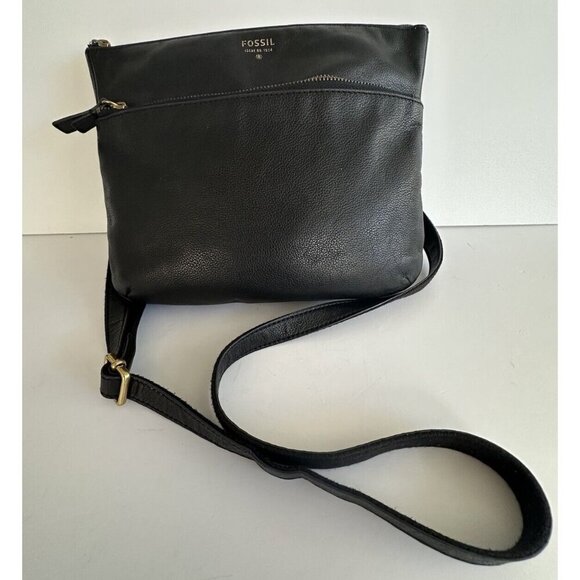 FOSSIL Purse Black Cow Hide Leather‎ Pebbled Crossbody Bag Handbag Adjustable - Picture 1 of 12